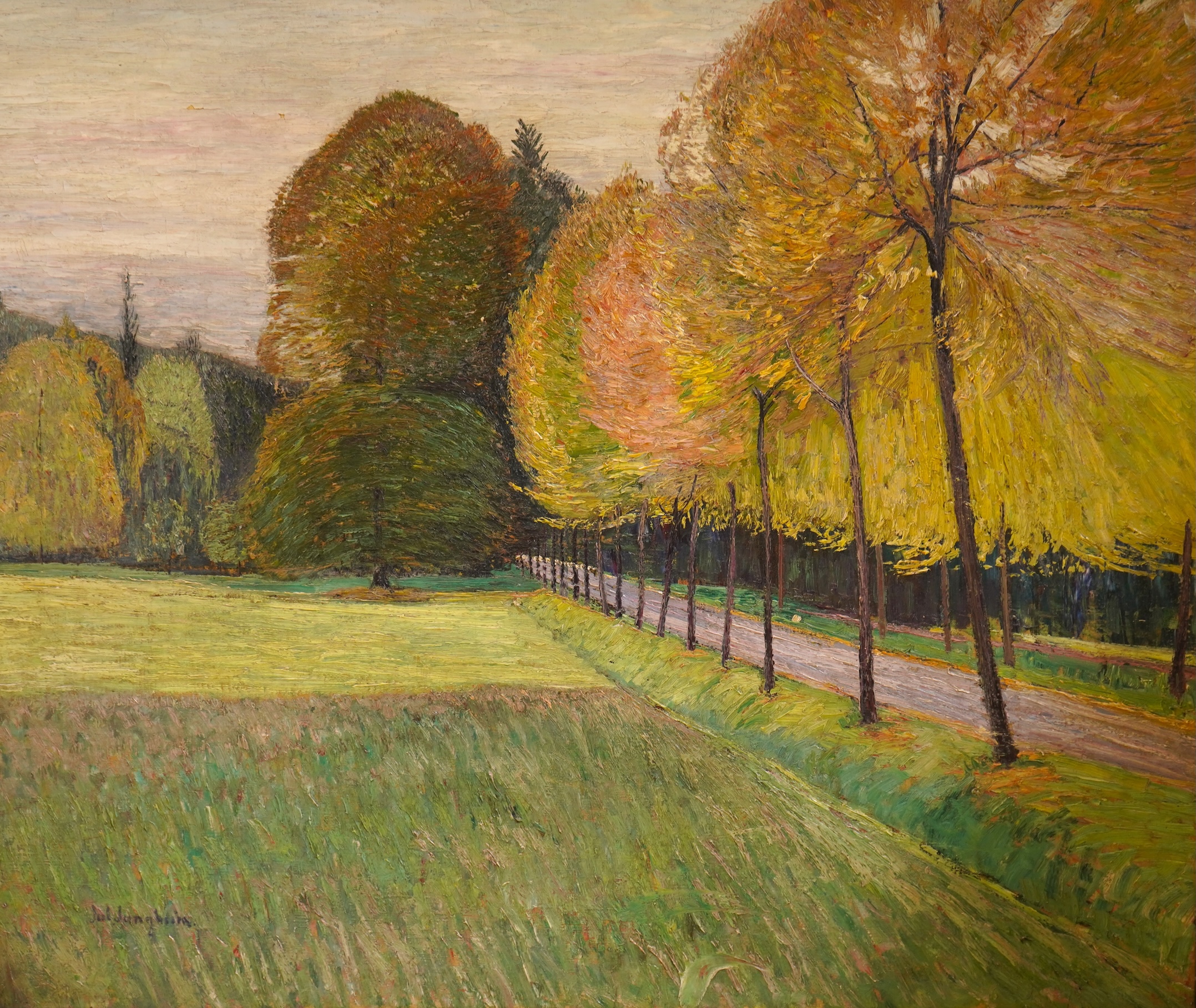 Modern British, Tree lined pathway, indistinctly signed lower left, impasto oil on canvas, 83 x 98cm